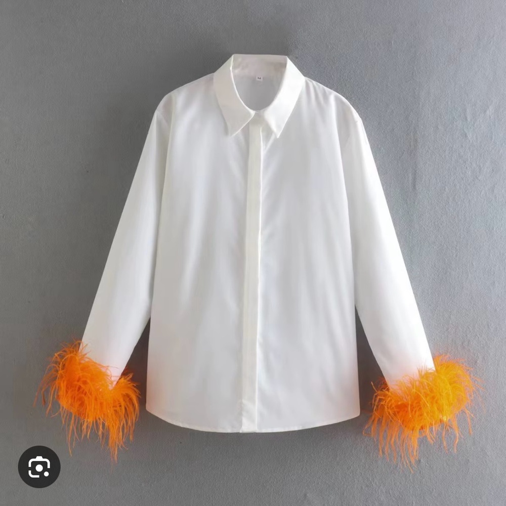 White Shirt with Orange Feather Cuffs